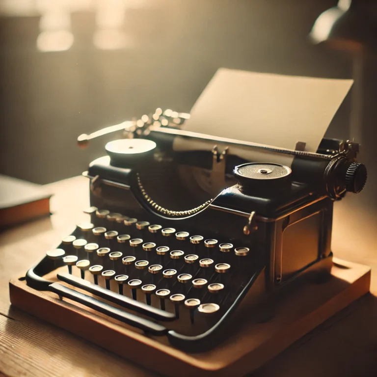DALL·E 2025-01-24 14.48.46 - A vintage typewriter with a blank sheet of paper inserted, sitting on a wooden desk in a softly lit room
