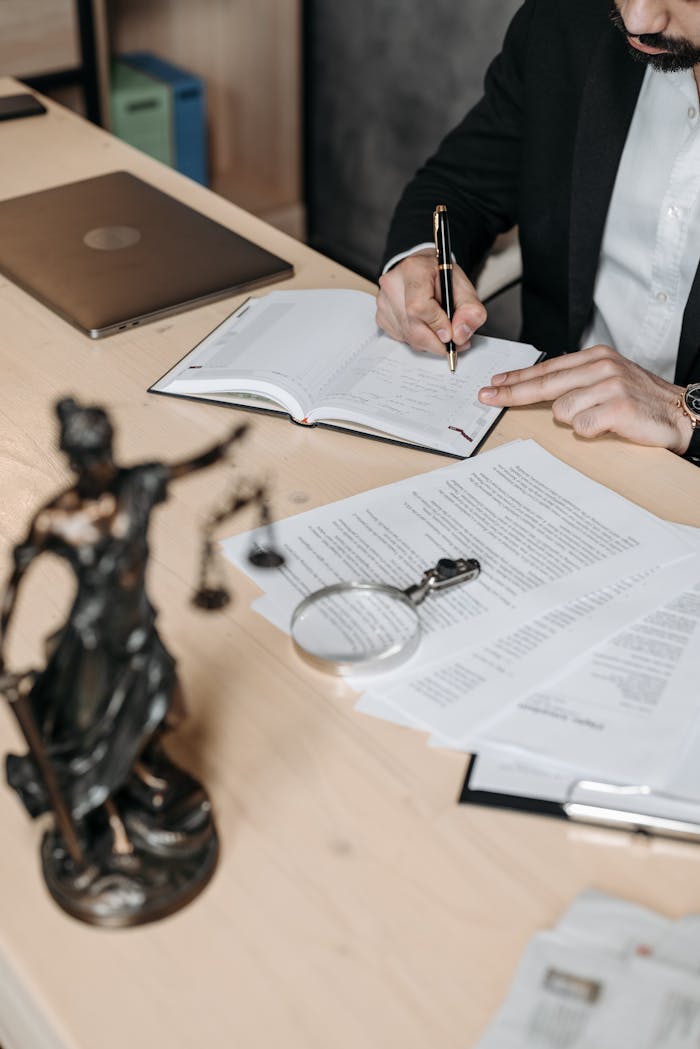 services-03 Professional working on documents at desk with legal statue and magnifying glass.